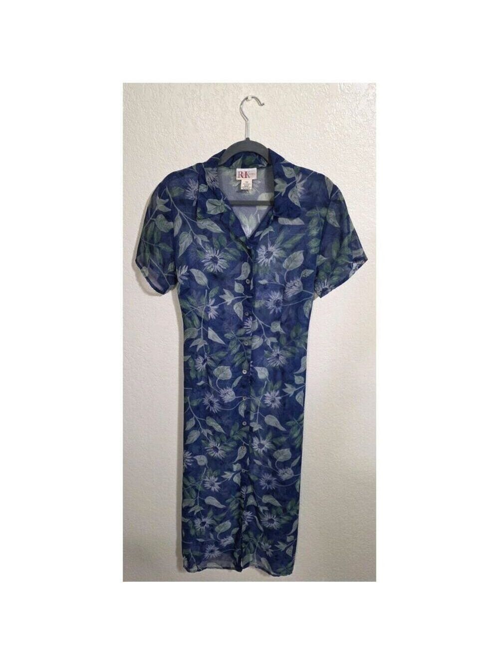R&K Originals Women's Vintage Sheer Dress Blue Floral Button Down T Shirt Sz 12